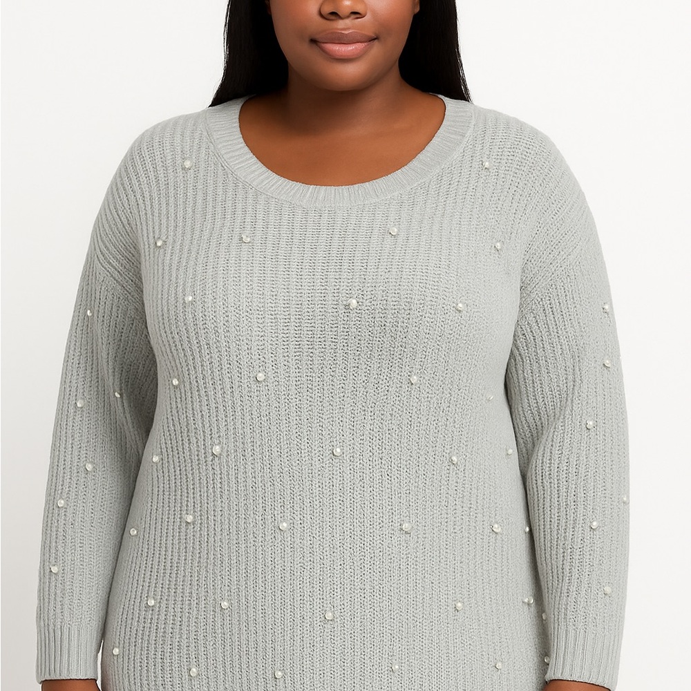 LANE BRYANT Light Gray Sweater with Pearl Details‎